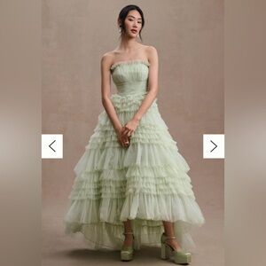 Mac Duggal Tiered Strapless Tulle A-Line High-Low Gown